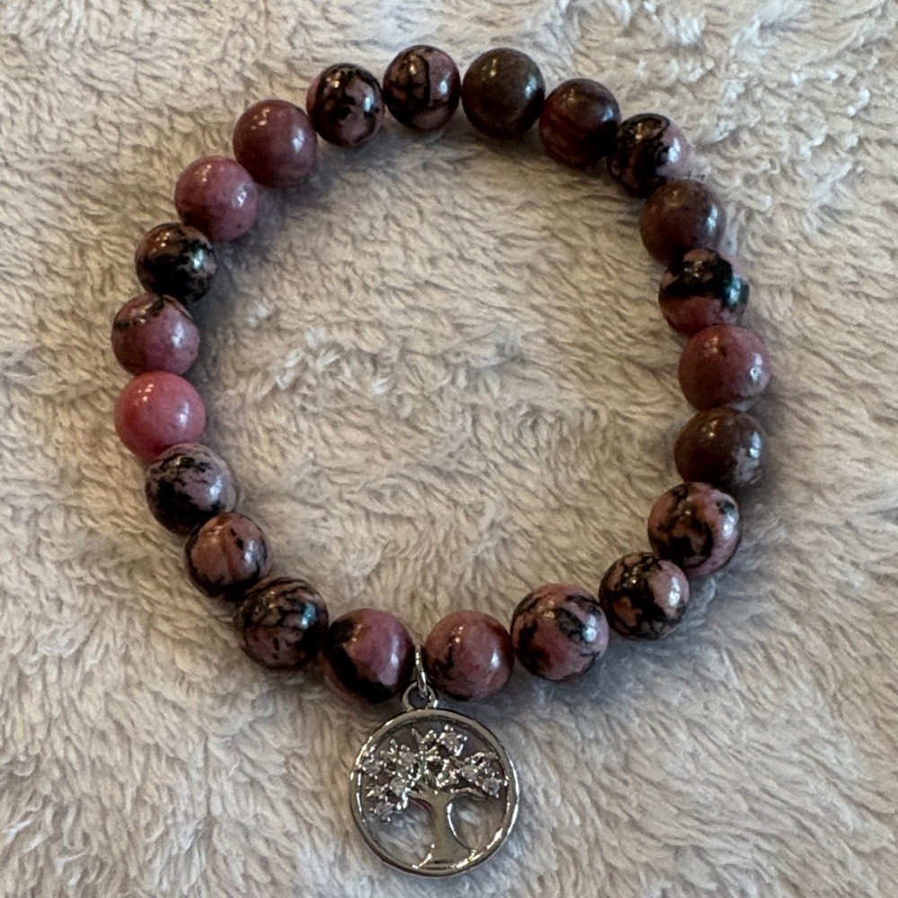 Pink and Brown Beaded Bracelet with Tree Charm